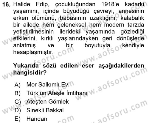 Yeni Türk Edebiyatına Giriş 1 Dersi 2024 - 2025 Yılı Yaz Okulu Sınav Soruları 16. Soru