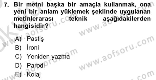 Yeni Türk Edebiyatına Giriş 1 Dersi 2024 - 2025 Yılı Yaz Okulu Sınav Soruları 7. Soru