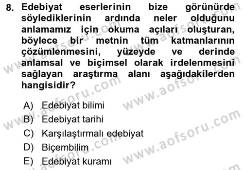 Yeni Türk Edebiyatına Giriş 1 Dersi 2024 - 2025 Yılı Yaz Okulu Sınav Soruları 8. Soru