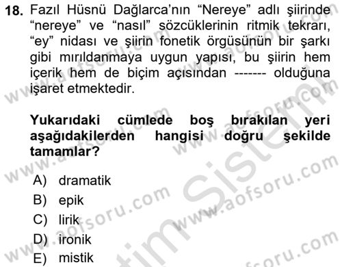 Yeni Türk Edebiyatına Giriş 1 Dersi 2025 - 2026 Yılı (Vize) Ara Sınav Soruları 18. Soru