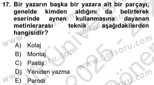 Yeni Türk Edebiyatına Giriş 1 Dersi 2025 - 2026 Yılı (Final) Dönem Sonu Sınav Soruları 17. Soru