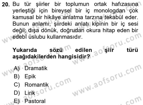 Yeni Türk Edebiyatına Giriş 1 Dersi 2025 - 2026 Yılı (Final) Dönem Sonu Sınav Soruları 20. Soru