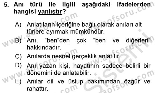 Yeni Türk Edebiyatına Giriş 1 Dersi 2025 - 2026 Yılı (Final) Dönem Sonu Sınav Soruları 5. Soru
