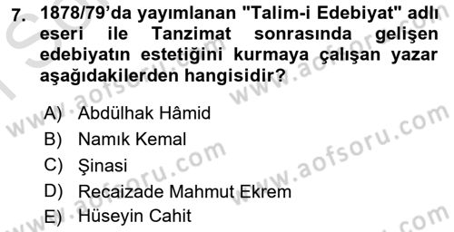 Yeni Türk Edebiyatına Giriş 1 Dersi 2025 - 2026 Yılı (Final) Dönem Sonu Sınav Soruları 7. Soru