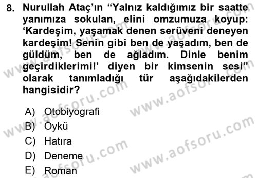 Yeni Türk Edebiyatına Giriş 1 Dersi 2025 - 2026 Yılı (Final) Dönem Sonu Sınav Soruları 8. Soru