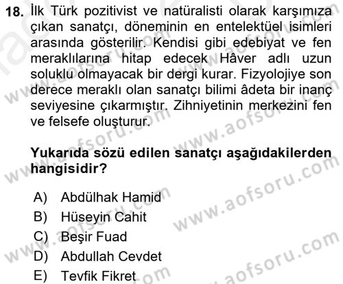 Yeni Türk Edebiyatına Giriş 2 Dersi 2017 - 2018 Yılı (Final) Dönem Sonu Sınav Soruları 18. Soru