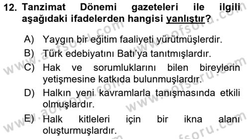 Yeni Türk Edebiyatına Giriş 2 Dersi 2018 - 2019 Yılı (Final) Dönem Sonu Sınav Soruları 12. Soru