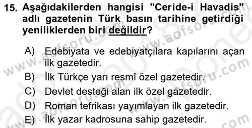 Yeni Türk Edebiyatına Giriş 2 Dersi 2018 - 2019 Yılı (Final) Dönem Sonu Sınav Soruları 15. Soru