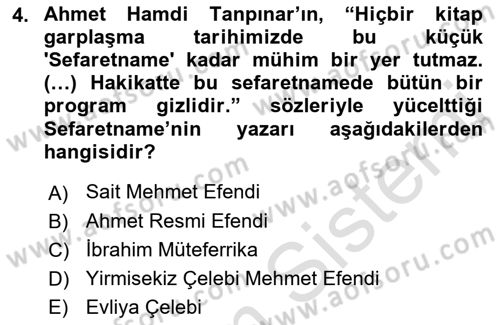 Yeni Türk Edebiyatına Giriş 2 Dersi 2021 - 2022 Yılı (Vize) Ara Sınav Soruları 4. Soru