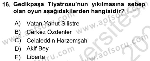 Yeni Türk Edebiyatına Giriş 2 Dersi 2021 - 2022 Yılı (Final) Dönem Sonu Sınav Soruları 16. Soru