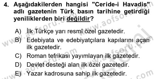 Yeni Türk Edebiyatına Giriş 2 Dersi 2021 - 2022 Yılı (Final) Dönem Sonu Sınav Soruları 4. Soru