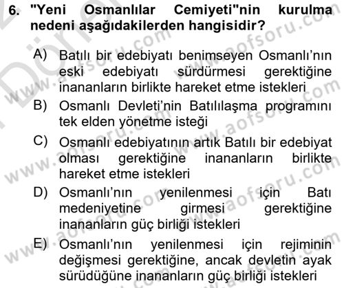 Yeni Türk Edebiyatına Giriş 2 Dersi 2021 - 2022 Yılı (Final) Dönem Sonu Sınav Soruları 6. Soru