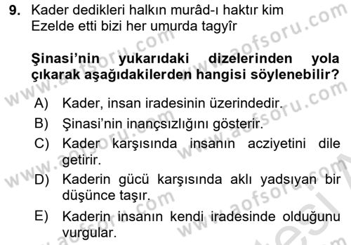 Yeni Türk Edebiyatına Giriş 2 Dersi 2021 - 2022 Yılı (Final) Dönem Sonu Sınav Soruları 9. Soru