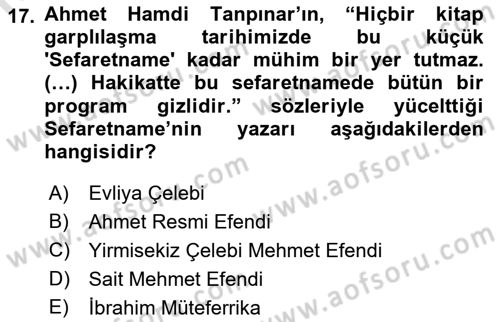 Yeni Türk Edebiyatına Giriş 2 Dersi 2022 - 2023 Yılı Yaz Okulu Sınav Soruları 17. Soru