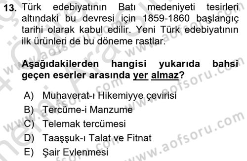 Yeni Türk Edebiyatına Giriş 2 Dersi 2023 - 2024 Yılı (Vize) Ara Sınav Soruları 13. Soru