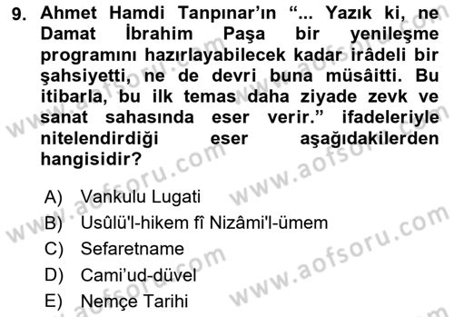 Yeni Türk Edebiyatına Giriş 2 Dersi 2023 - 2024 Yılı (Vize) Ara Sınav Soruları 9. Soru
