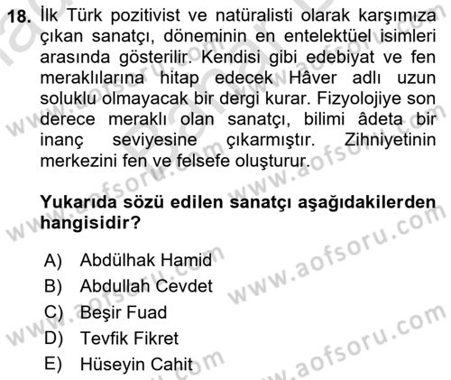 Yeni Türk Edebiyatına Giriş 2 Dersi 2023 - 2024 Yılı (Final) Dönem Sonu Sınav Soruları 18. Soru