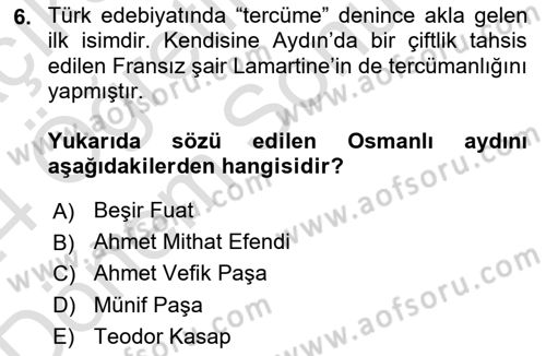 Yeni Türk Edebiyatına Giriş 2 Dersi 2023 - 2024 Yılı (Final) Dönem Sonu Sınav Soruları 6. Soru