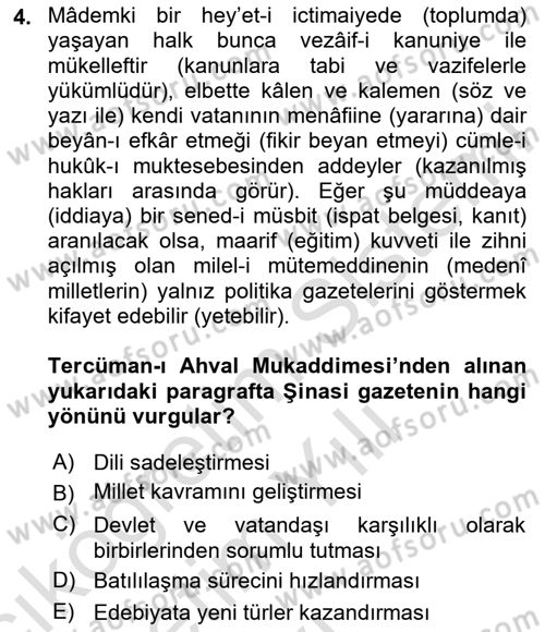 Yeni Türk Edebiyatına Giriş 2 Dersi 2023 - 2024 Yılı Yaz Okulu Sınav Soruları 4. Soru