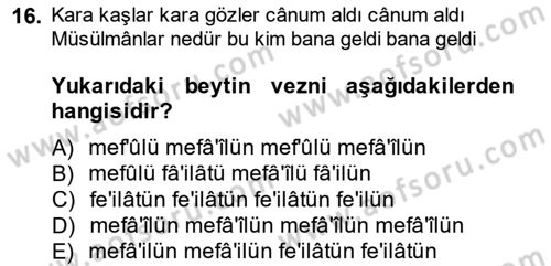 VIII-XIII. Yüzyıllar Türk Edebiyatı Dersi 2014 - 2015 Yılı (Final) Dönem Sonu Sınav Soruları 16. Soru