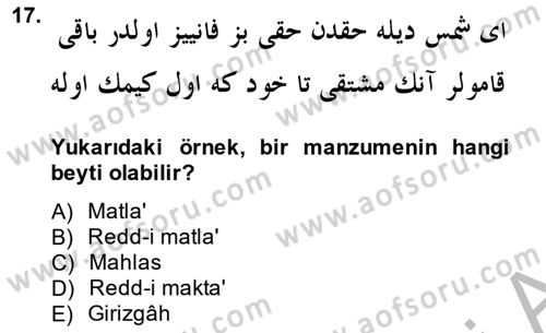 VIII-XIII. Yüzyıllar Türk Edebiyatı Dersi 2014 - 2015 Yılı (Final) Dönem Sonu Sınav Soruları 17. Soru
