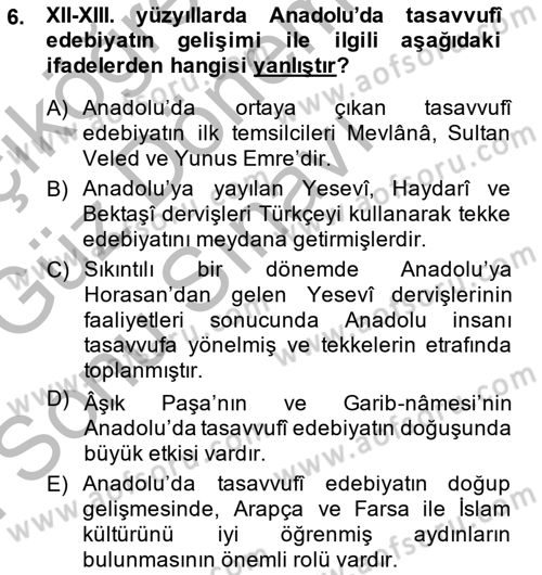 VIII-XIII. Yüzyıllar Türk Edebiyatı Dersi 2014 - 2015 Yılı (Final) Dönem Sonu Sınav Soruları 6. Soru
