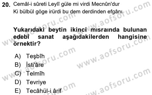 VIII-XIII. Yüzyıllar Türk Edebiyatı Dersi 2016 - 2017 Yılı (Final) Dönem Sonu Sınav Soruları 20. Soru