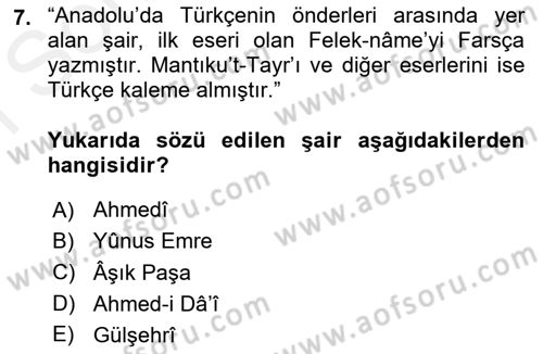VIII-XIII. Yüzyıllar Türk Edebiyatı Dersi 2016 - 2017 Yılı (Final) Dönem Sonu Sınav Soruları 7. Soru