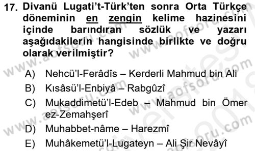 VIII-XIII. Yüzyıllar Türk Edebiyatı Dersi 2017 - 2018 Yılı (Final) Dönem Sonu Sınav Soruları 17. Soru