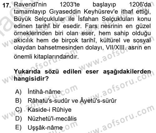VIII-XIII. Yüzyıllar Türk Edebiyatı Dersi 2018 - 2019 Yılı 3 Ders Sınav Soruları 17. Soru