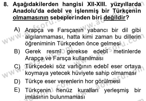 VIII-XIII. Yüzyıllar Türk Edebiyatı Dersi 2018 - 2019 Yılı 3 Ders Sınavı 8. Soru