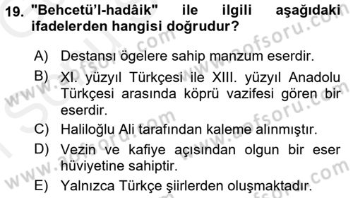 VIII-XIII. Yüzyıllar Türk Edebiyatı Dersi 2018 - 2019 Yılı (Final) Dönem Sonu Sınavı 19. Soru