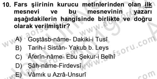 VIII-XIII. Yüzyıllar Türk Edebiyatı Dersi 2019 - 2020 Yılı (Vize) Ara Sınavı 10. Soru