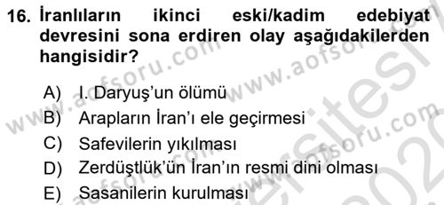 VIII-XIII. Yüzyıllar Türk Edebiyatı Dersi 2019 - 2020 Yılı (Vize) Ara Sınav Soruları 16. Soru