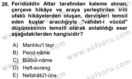 VIII-XIII. Yüzyıllar Türk Edebiyatı Dersi 2019 - 2020 Yılı (Vize) Ara Sınavı 20. Soru