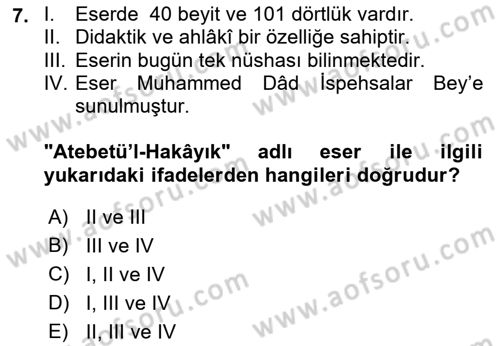 VIII-XIII. Yüzyıllar Türk Edebiyatı Dersi 2019 - 2020 Yılı (Vize) Ara Sınav Soruları 7. Soru