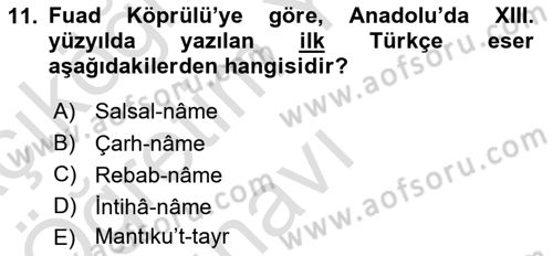 VIII-XIII. Yüzyıllar Türk Edebiyatı Dersi 2020 - 2021 Yılı Yaz Okulu Sınavı 11. Soru