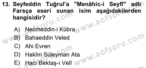 VIII-XIII. Yüzyıllar Türk Edebiyatı Dersi 2020 - 2021 Yılı Yaz Okulu Sınavı 13. Soru