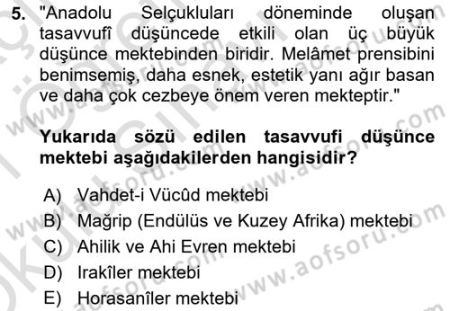 VIII-XIII. Yüzyıllar Türk Edebiyatı Dersi 2020 - 2021 Yılı Yaz Okulu Sınavı 5. Soru