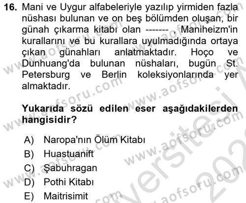 VIII-XIII. Yüzyıllar Türk Edebiyatı Dersi 2021 - 2022 Yılı (Vize) Ara Sınavı 16. Soru