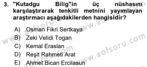 VIII-XIII. Yüzyıllar Türk Edebiyatı Dersi 2021 - 2022 Yılı (Vize) Ara Sınav Soruları 3. Soru