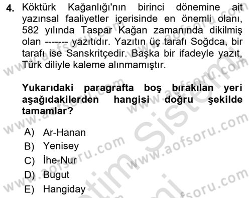 VIII-XIII. Yüzyıllar Türk Edebiyatı Dersi 2021 - 2022 Yılı (Vize) Ara Sınav Soruları 4. Soru