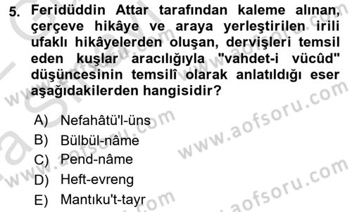 VIII-XIII. Yüzyıllar Türk Edebiyatı Dersi 2021 - 2022 Yılı (Vize) Ara Sınavı 5. Soru