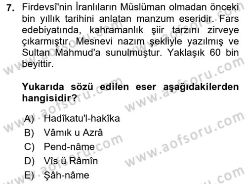 VIII-XIII. Yüzyıllar Türk Edebiyatı Dersi 2021 - 2022 Yılı (Vize) Ara Sınavı 7. Soru