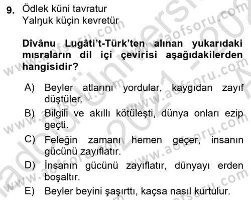 VIII-XIII. Yüzyıllar Türk Edebiyatı Dersi 2021 - 2022 Yılı (Vize) Ara Sınavı 9. Soru