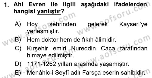 VIII-XIII. Yüzyıllar Türk Edebiyatı Dersi 2021 - 2022 Yılı (Final) Dönem Sonu Sınavı 1. Soru