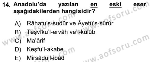 VIII-XIII. Yüzyıllar Türk Edebiyatı Dersi 2021 - 2022 Yılı (Final) Dönem Sonu Sınav Soruları 14. Soru
