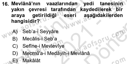 VIII-XIII. Yüzyıllar Türk Edebiyatı Dersi 2021 - 2022 Yılı (Final) Dönem Sonu Sınav Soruları 16. Soru