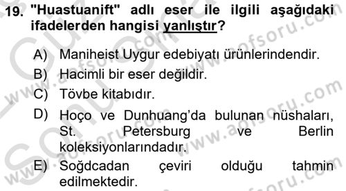 VIII-XIII. Yüzyıllar Türk Edebiyatı Dersi 2021 - 2022 Yılı (Final) Dönem Sonu Sınav Soruları 19. Soru
