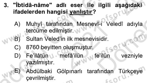 VIII-XIII. Yüzyıllar Türk Edebiyatı Dersi 2021 - 2022 Yılı (Final) Dönem Sonu Sınav Soruları 3. Soru